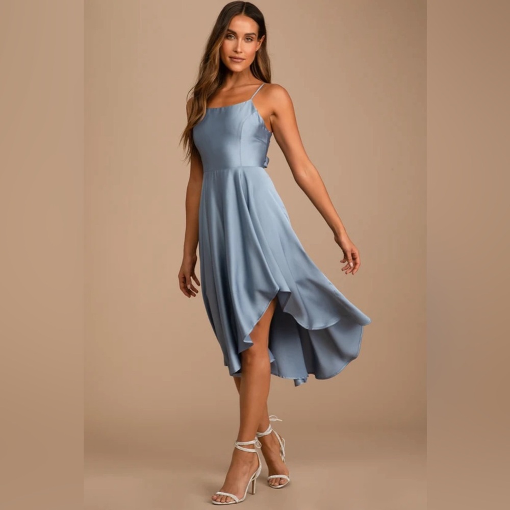 Days Like Today Blue Satin Asymmetrical Tie-Back Midi Dress